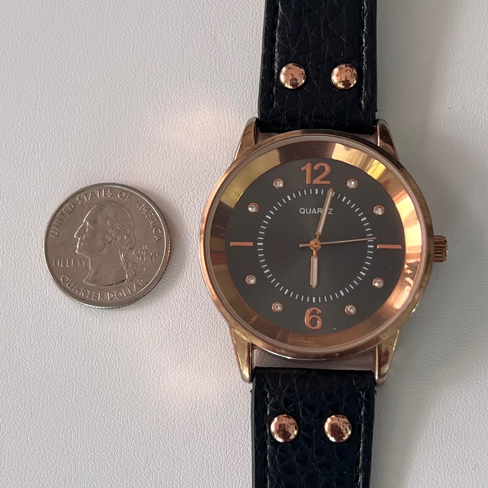 Quartz Watch Rhinestone‎ Accent Markers Black Band Rose Gold Tone Bezel - Picture 14 of 14